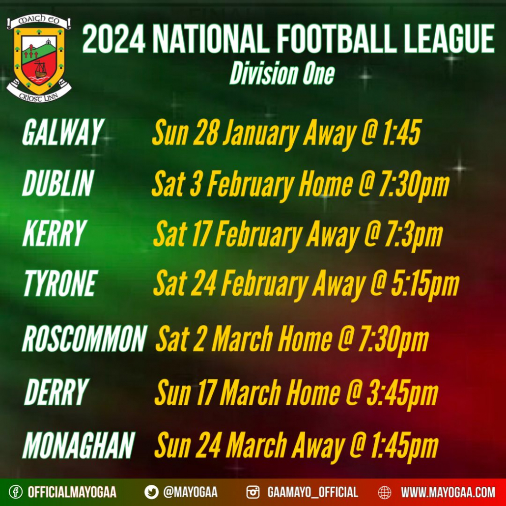 Mayo GAA on X: Here are the Mayo GAA Official football and Hurling League  fixtures for 2023. #mayogaa #hurling #allinzleagues   / X