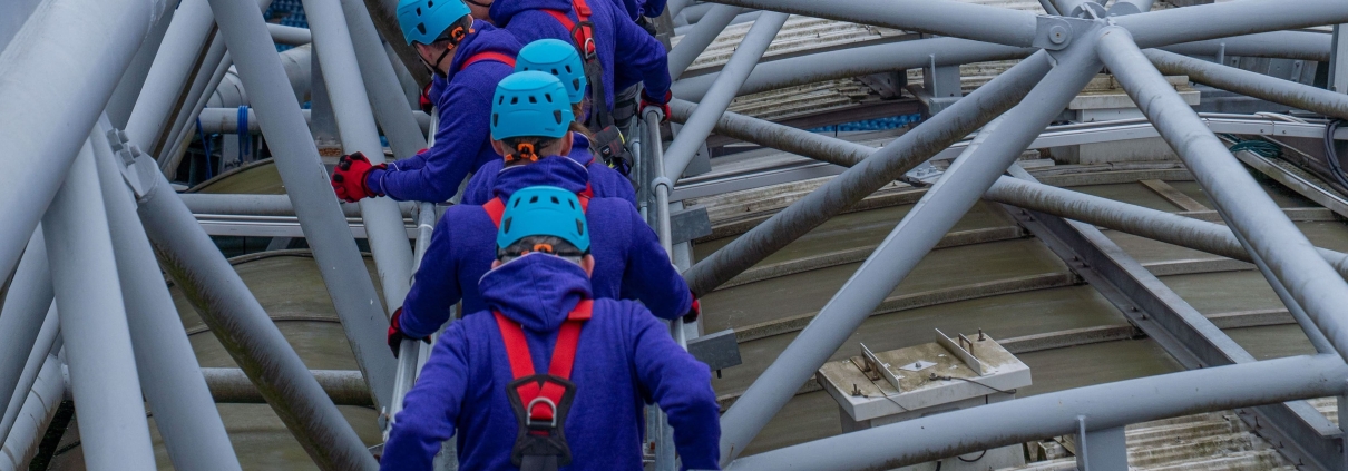 Participants line up on the roof of Croke Park to undertake a 150ft abseil as part of Mayo Cancer Support Association’s fundraising Brave the Drop Croke Park Challenge