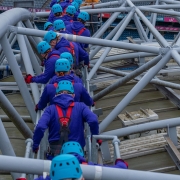 Participants line up on the roof of Croke Park to undertake a 150ft abseil as part of Mayo Cancer Support Association’s fundraising Brave the Drop Croke Park Challenge